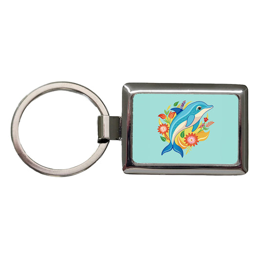Dolphin Floral Flowers Rectangle Metal Keychain