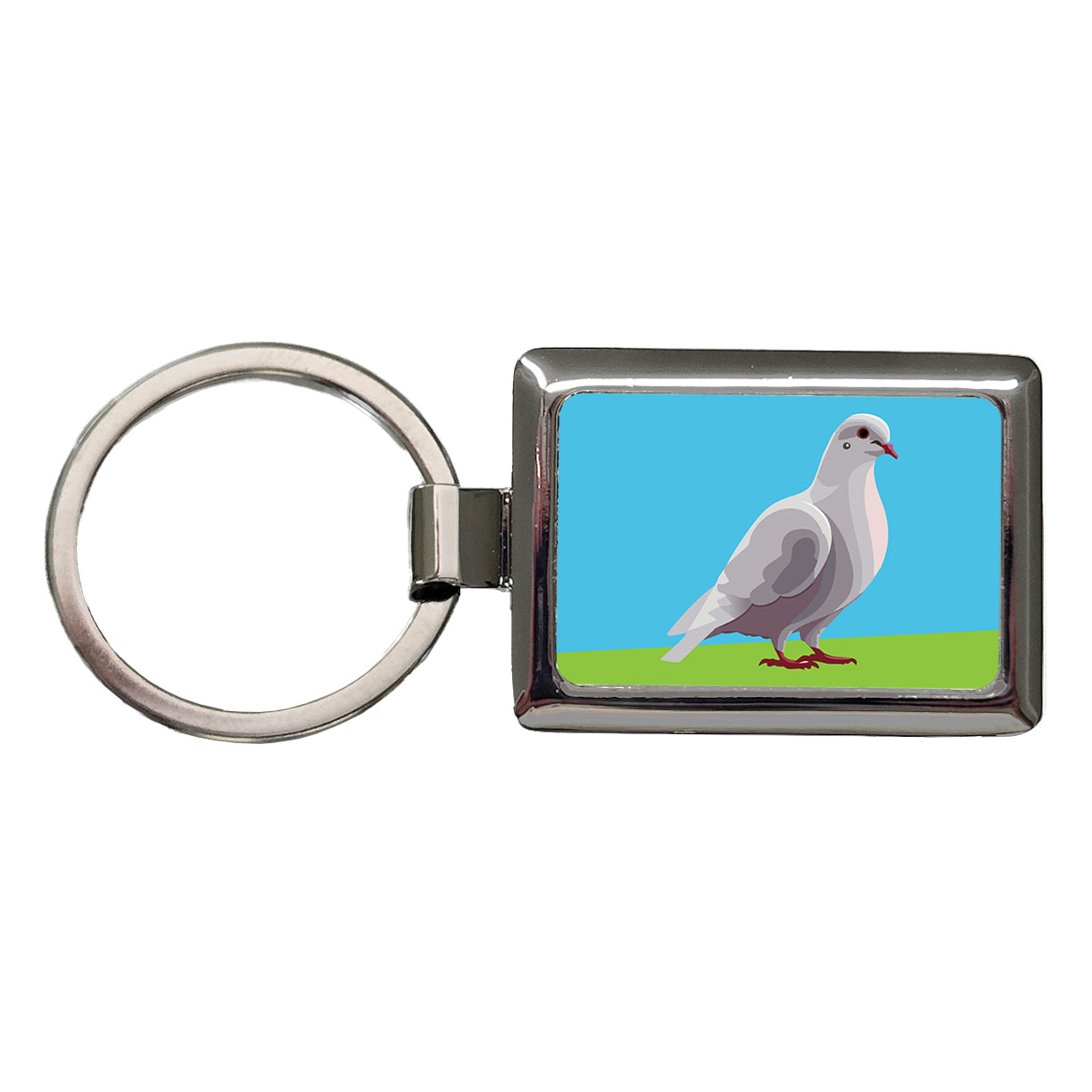 Dove Standing White Rectangle Metal Keychain
