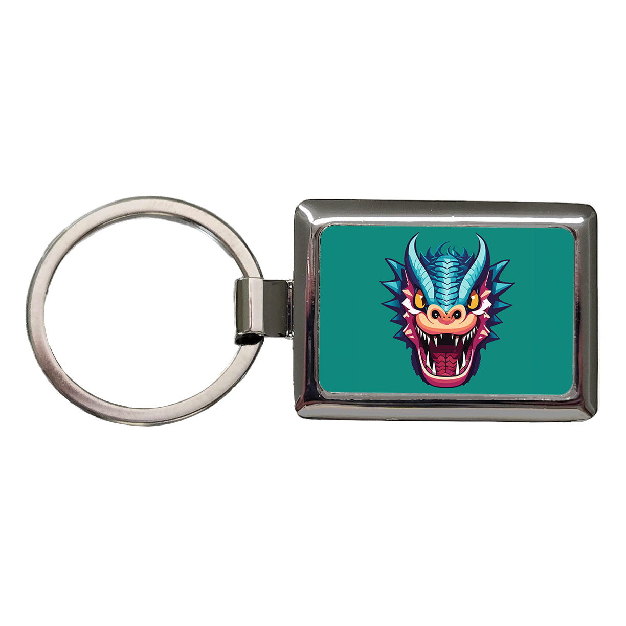 Dragon Face Angry Blue Rectangle Metal Keychain