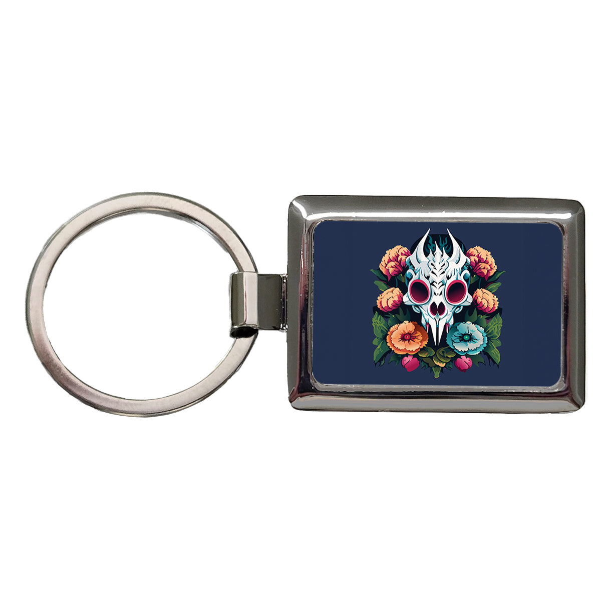 Dragon Skull and Flowers Rectangle Metal Keychain