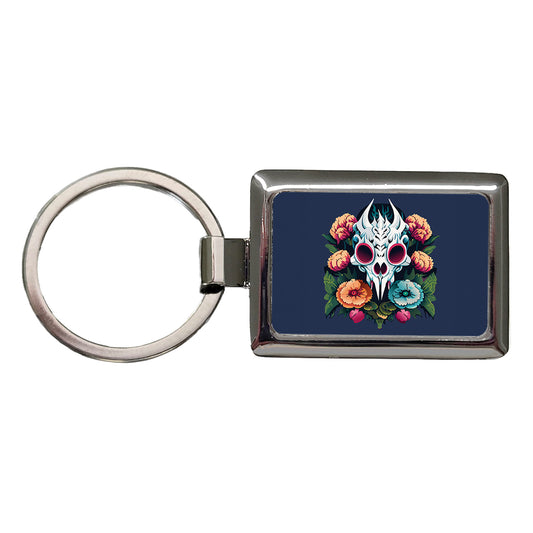 Dragon Skull and Flowers Rectangle Metal Keychain