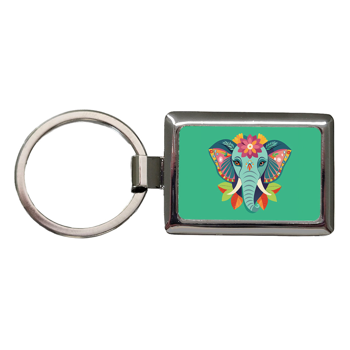 Elephant Head Floral Flowers Rectangle Metal Keychain