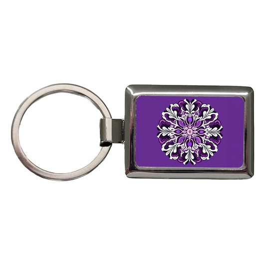 Floral Motif Mandala Purple Beautiful Rectangle Metal Keychain
