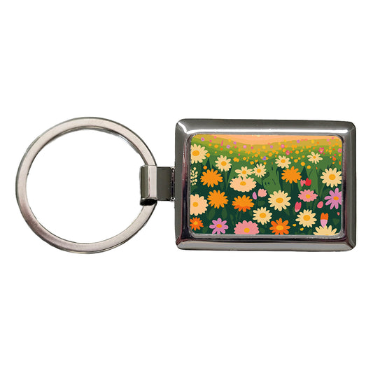 Flowers in Meadow Floral Rectangle Metal Keychain