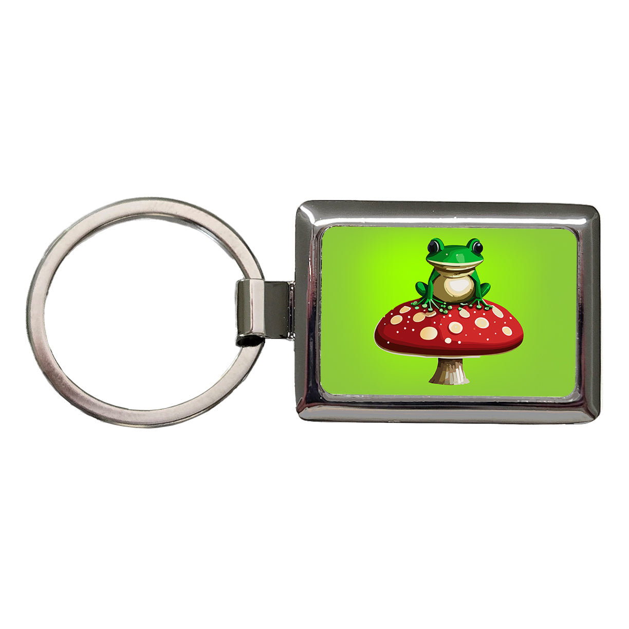 Frog on Red Toadstool Mushroom Rectangle Metal Keychain