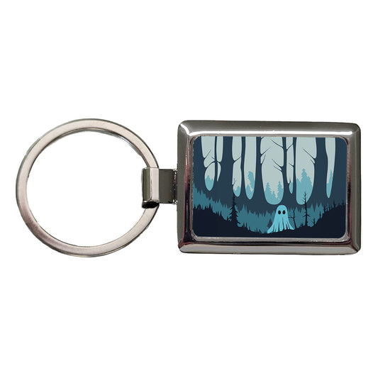 Ghost in Forest Woodland Cute Spooky Rectangle Metal Keychain