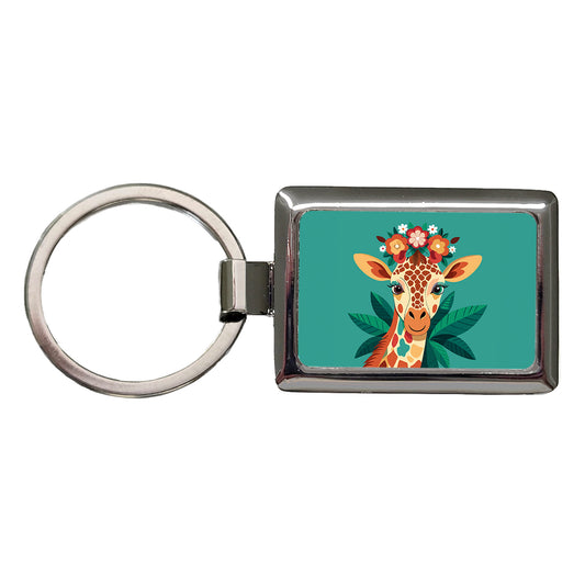 Giraffe Head Floral Flowers Rectangle Metal Keychain