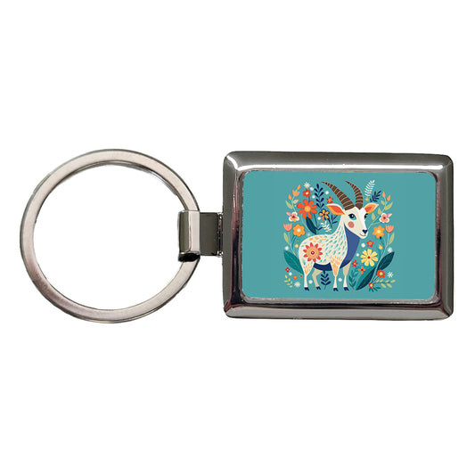 Goat Floral Flowers Rectangle Metal Keychain