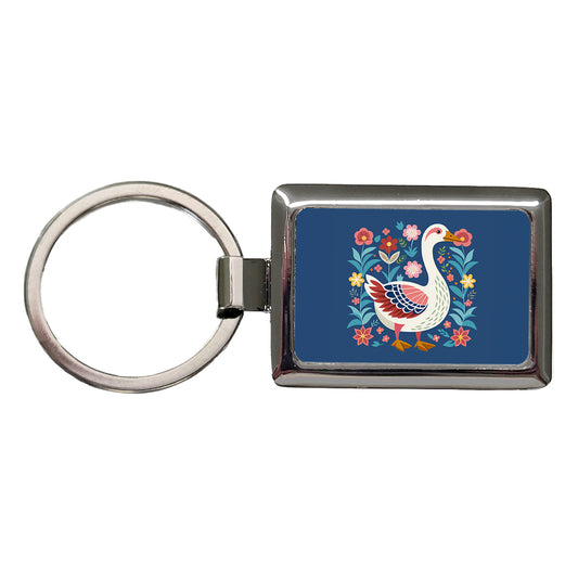 Goose Bird Floral Flowers Rectangle Metal Keychain