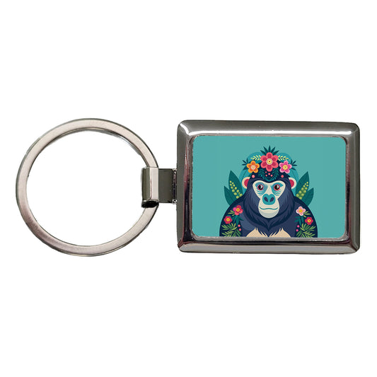 Gorilla Floral Flowers Rectangle Metal Keychain