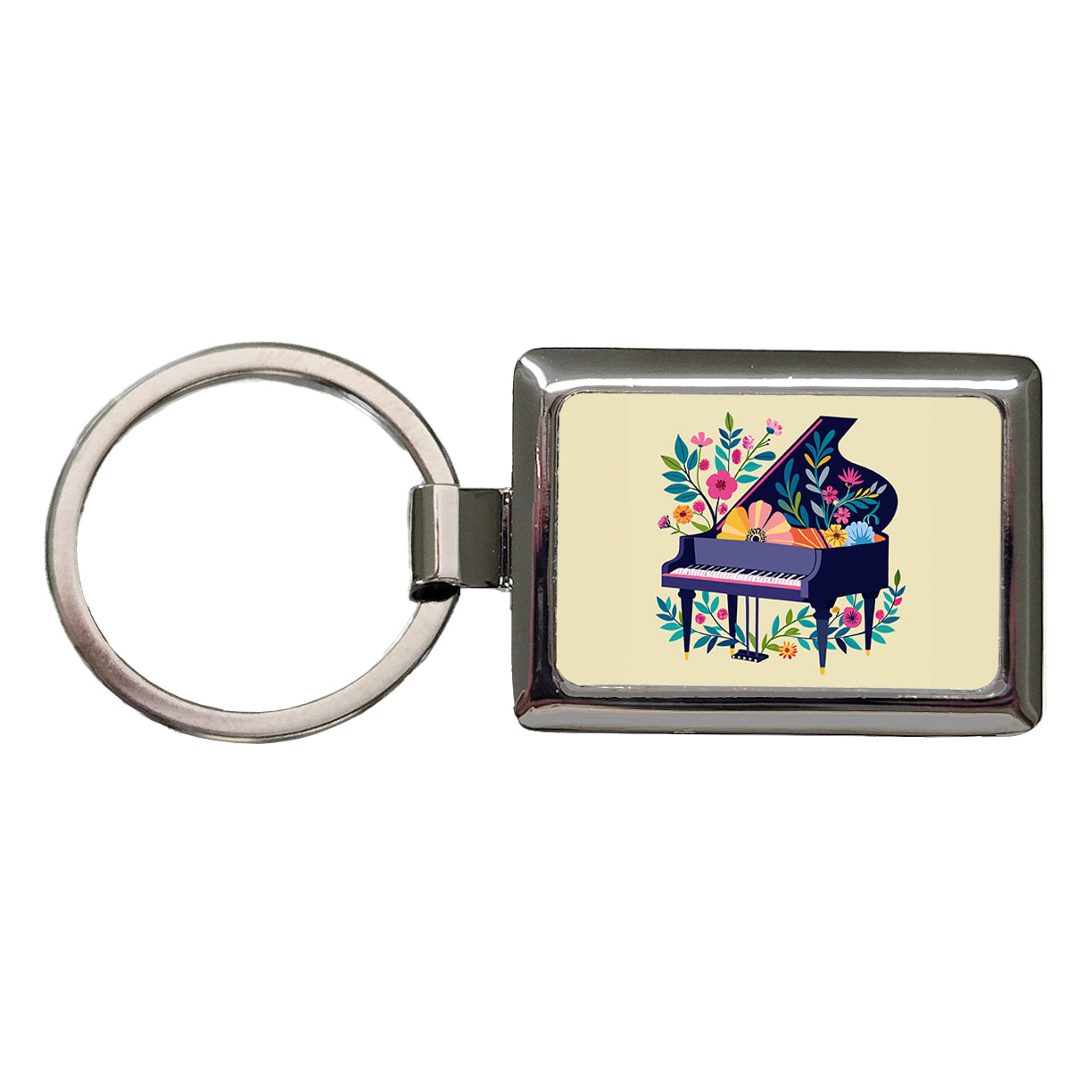 Grand Piano Music Floral Motif Rectangle Metal Keychain
