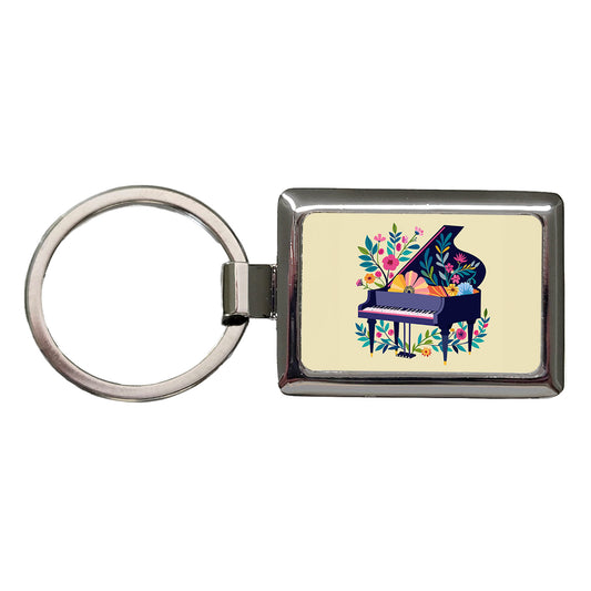 Grand Piano Music Floral Motif Rectangle Metal Keychain