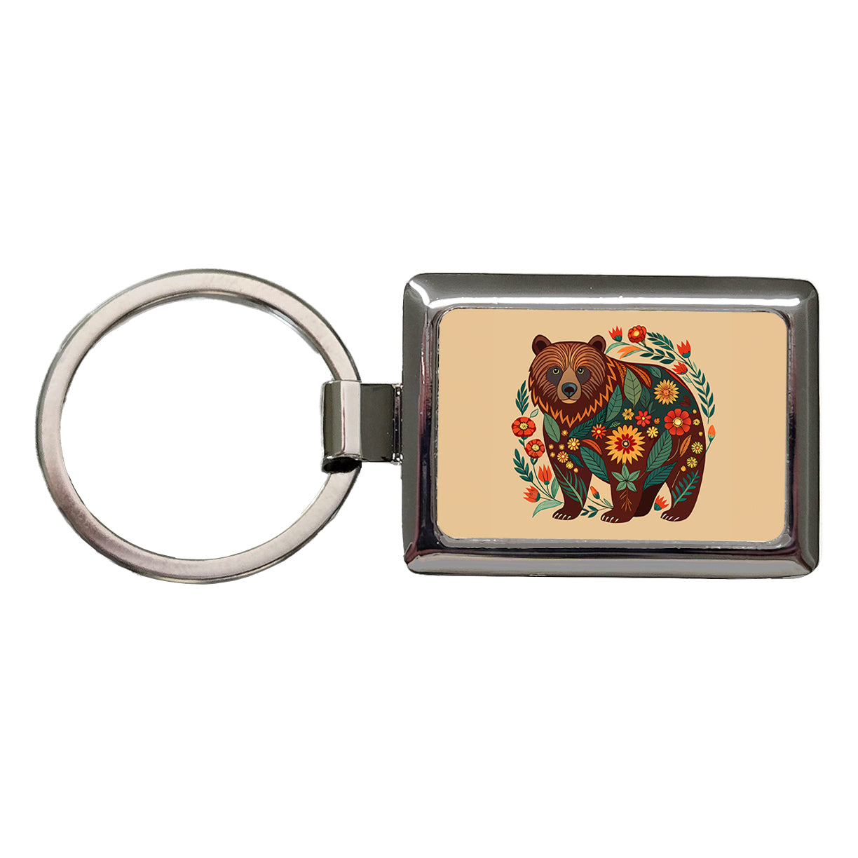 Grizzly Bear Floral Motif Rectangle Metal Keychain