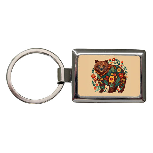 Grizzly Bear Floral Motif Rectangle Metal Keychain