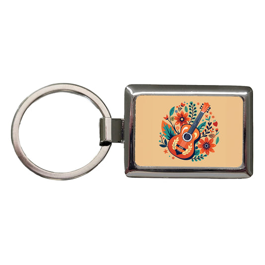 Guitar Music Floral Motif Rectangle Metal Keychain