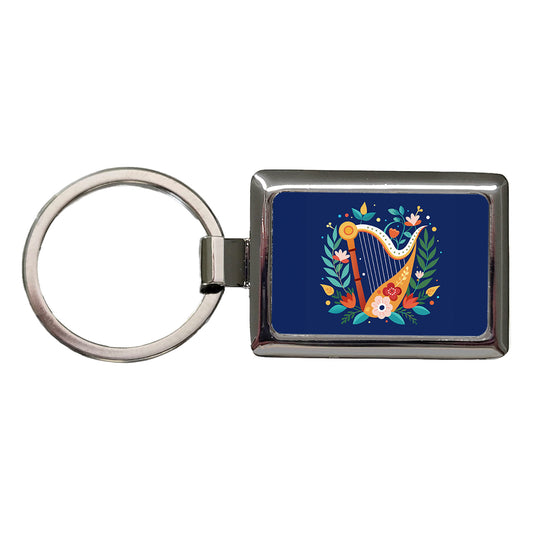 Harp Music Floral Motif Rectangle Metal Keychain