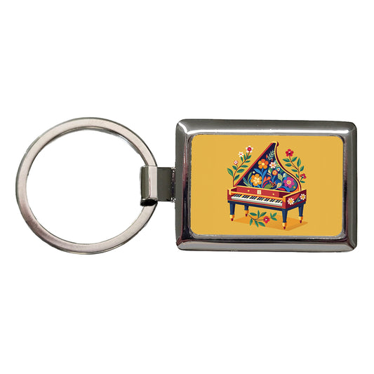Harpsichord Music Floral Motif Rectangle Metal Keychain
