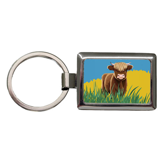 Highland Cow Scruffy Rectangle Metal Keychain
