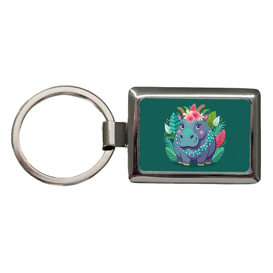 Hippopotamus Floral Flowers Rectangle Metal Keychain