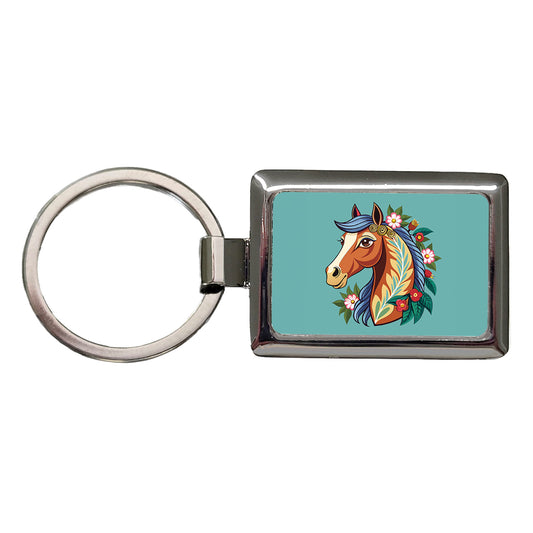 Horse Head Floral Flowers Cottagecore Country Western Rectangle Metal Keychain