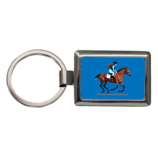 Jockey Riding Horse Racing Woman Rectangle Metal Keychain