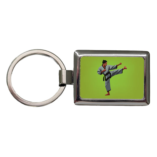 Karate Man Kick Rectangle Metal Keychain