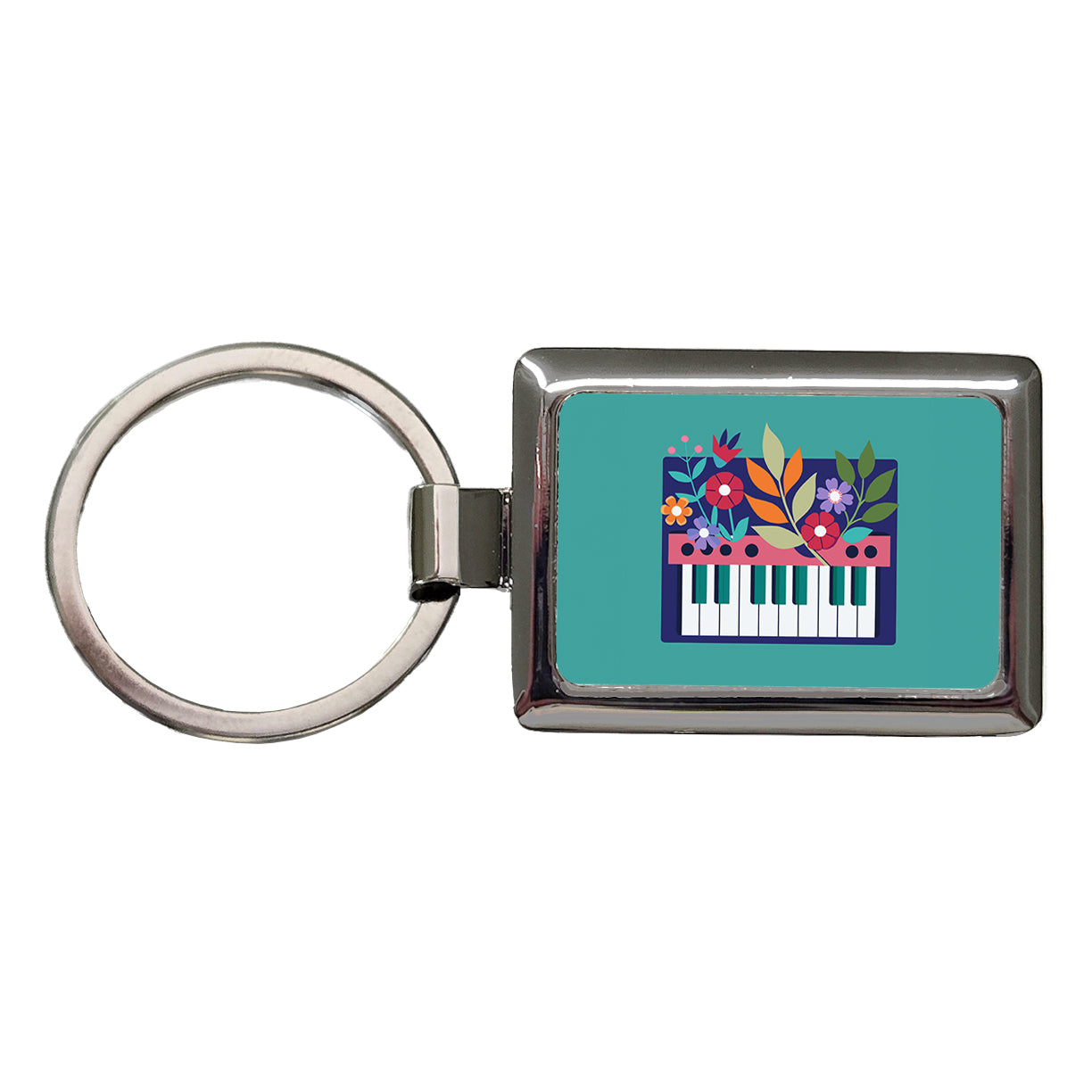 Keyboard Piano Music Floral Motif Rectangle Metal Keychain