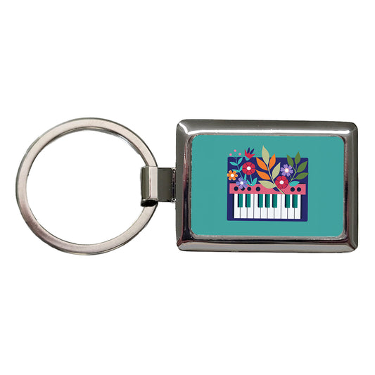 Keyboard Piano Music Floral Motif Rectangle Metal Keychain