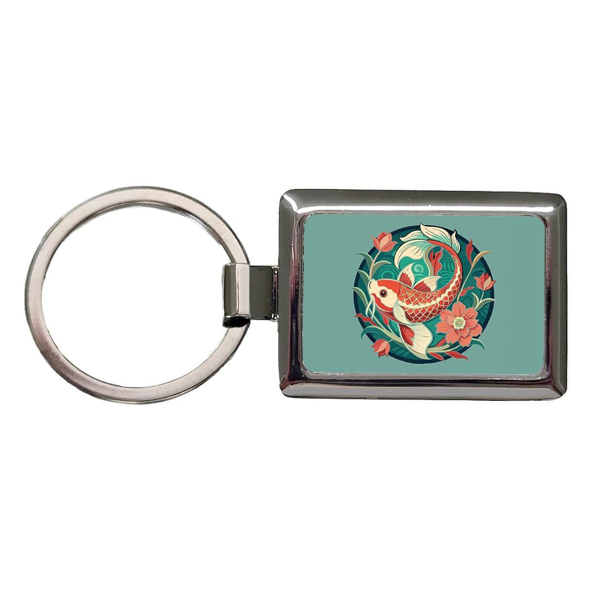 Koi Fish Floral Art Nouveau Flowers Elegant Rectangle Metal Keychain