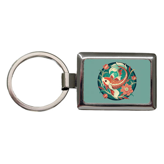 Koi Fish Floral Art Nouveau Flowers Elegant Rectangle Metal Keychain