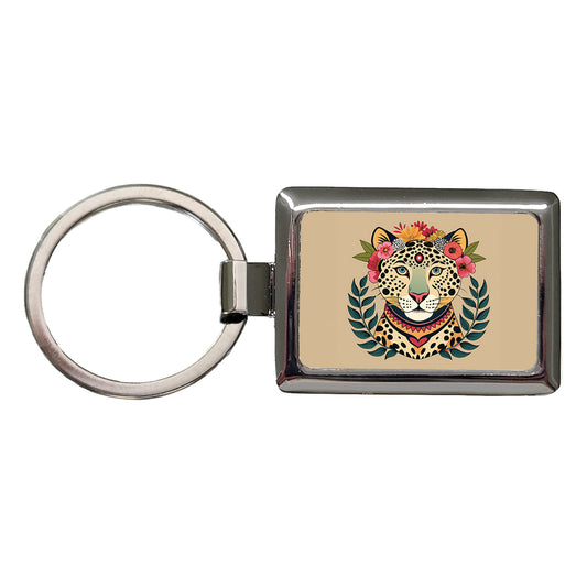 Leopard Head Floral Flowers Rectangle Metal Keychain