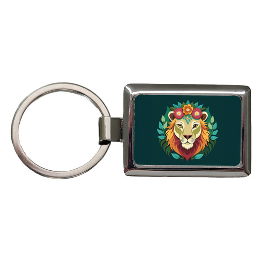 Lion Head Floral Flowers Rectangle Metal Keychain