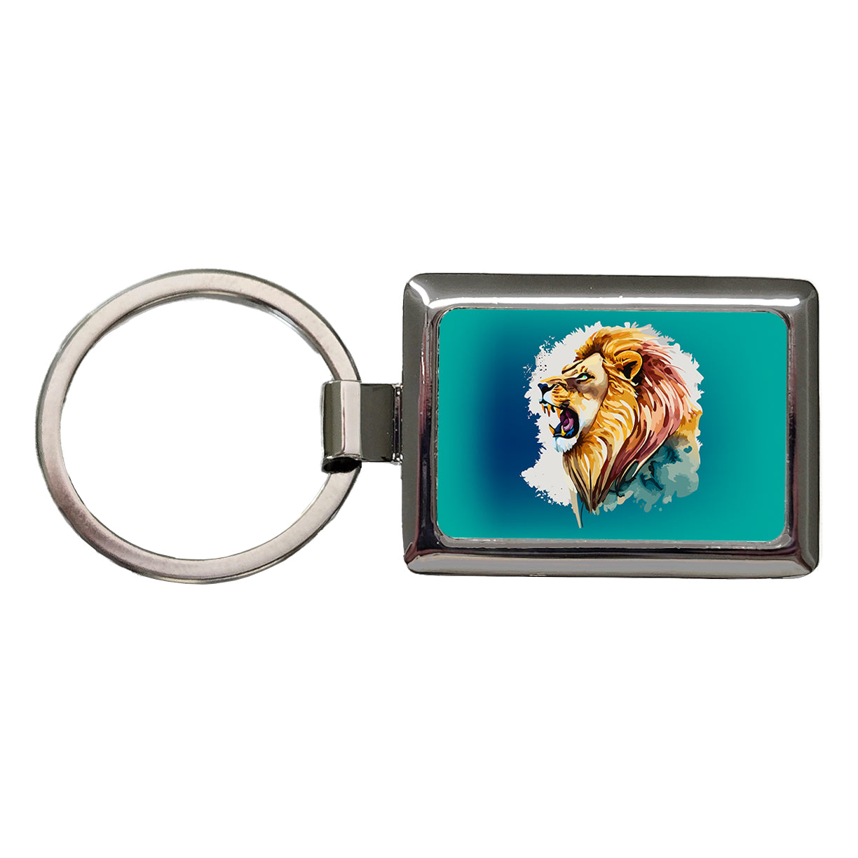 Lion Roaring Male Profile Watercolor Rectangle Metal Keychain