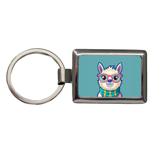 Llama Cute Wearing Glasses Rectangle Metal Keychain