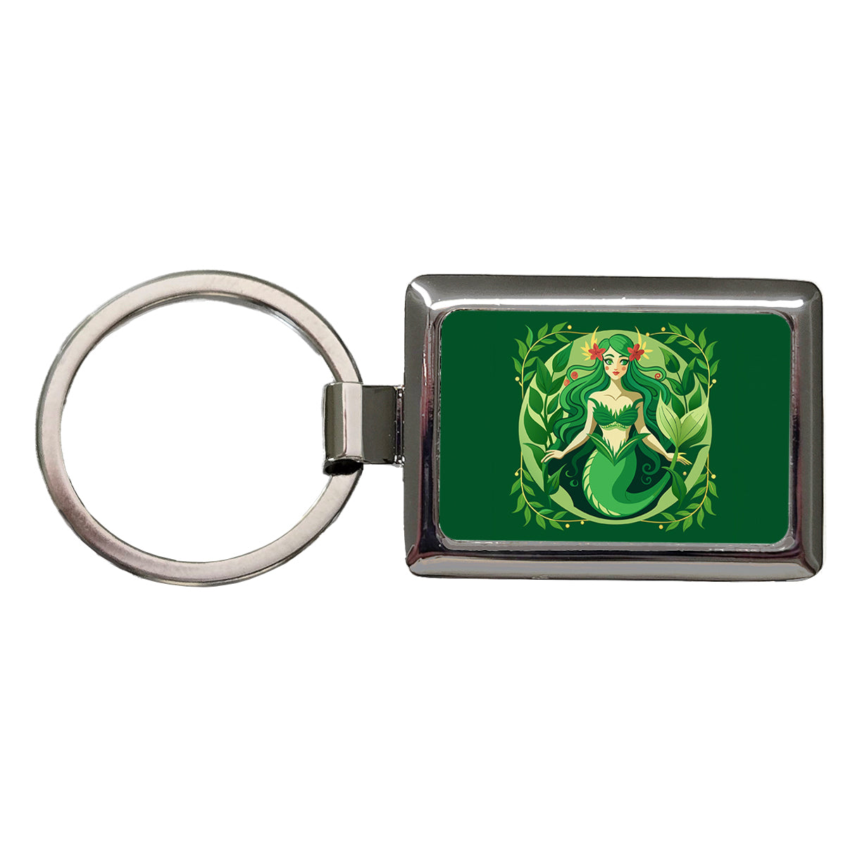 Mermaid Botanical Art Nouveau Rectangle Metal Keychain