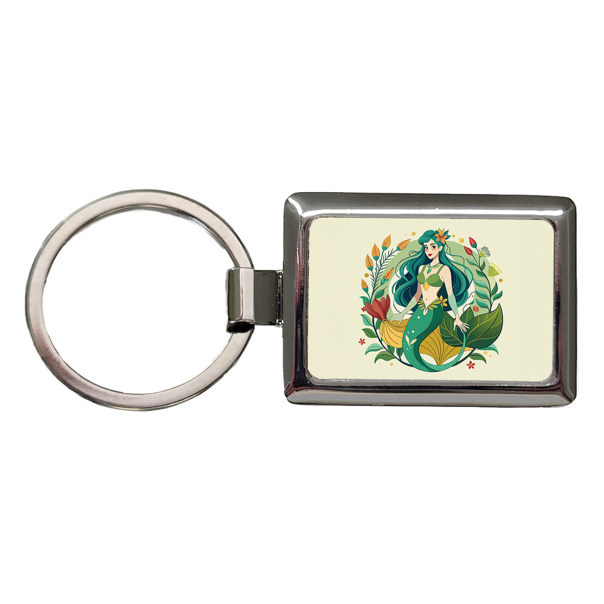 Mermaid Under Sea Botanical Art Nouveau Rectangle Metal Keychain