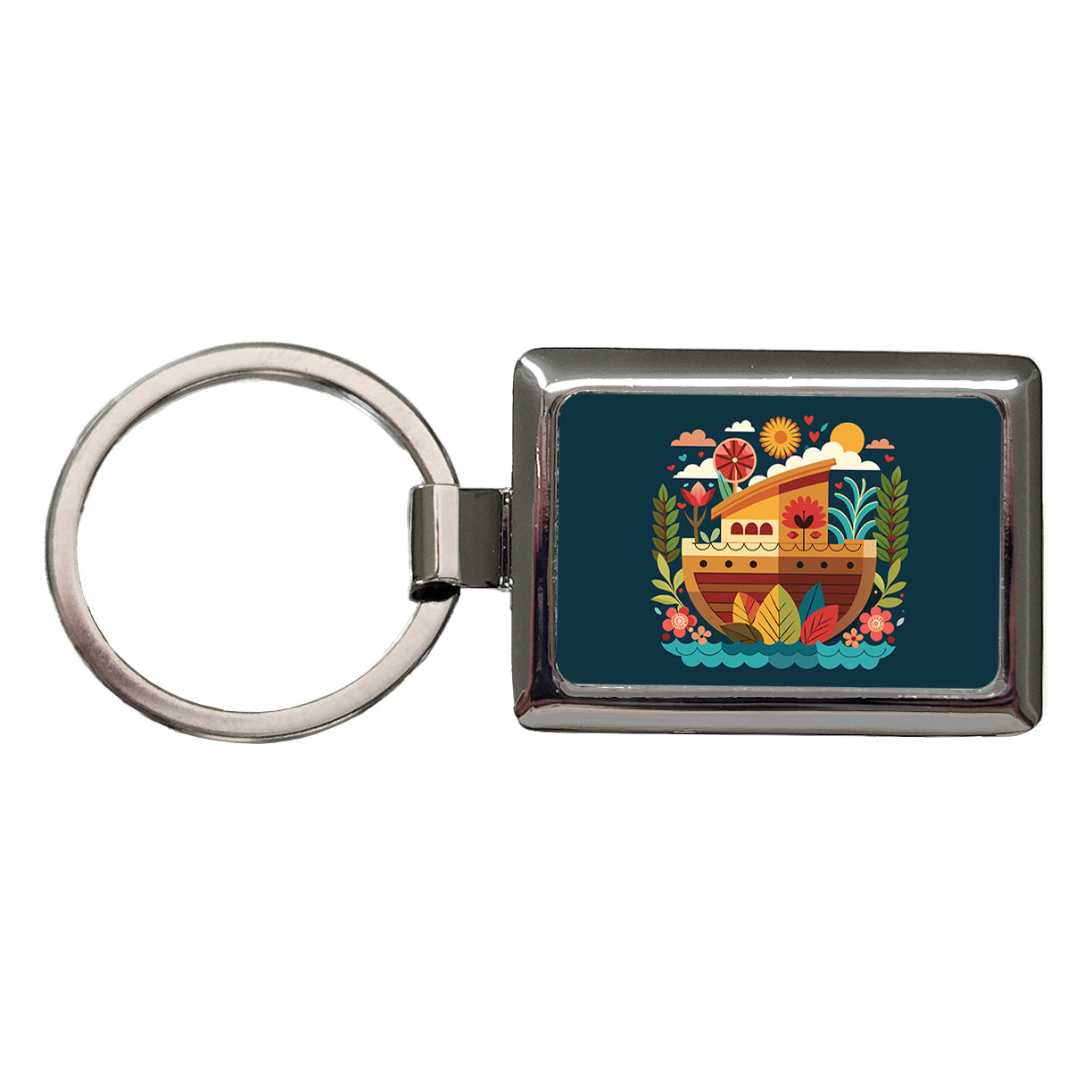 Noah's Ark Floral Bible Story Rectangle Metal Keychain