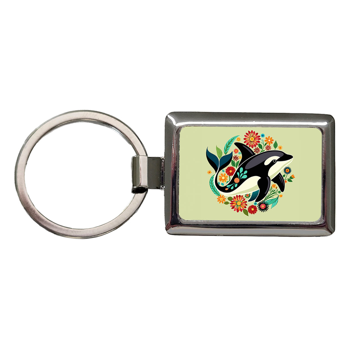 Orca Whale Floral Flowers Rectangle Metal Keychain