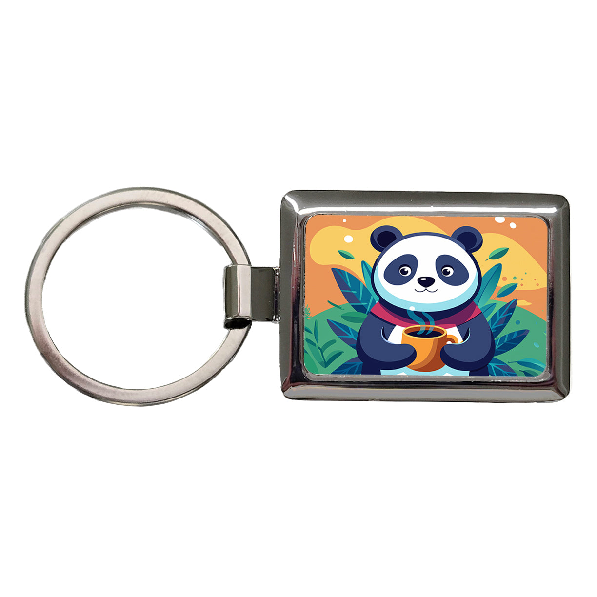 Panda Drinking Coffee Rectangle Metal Keychain