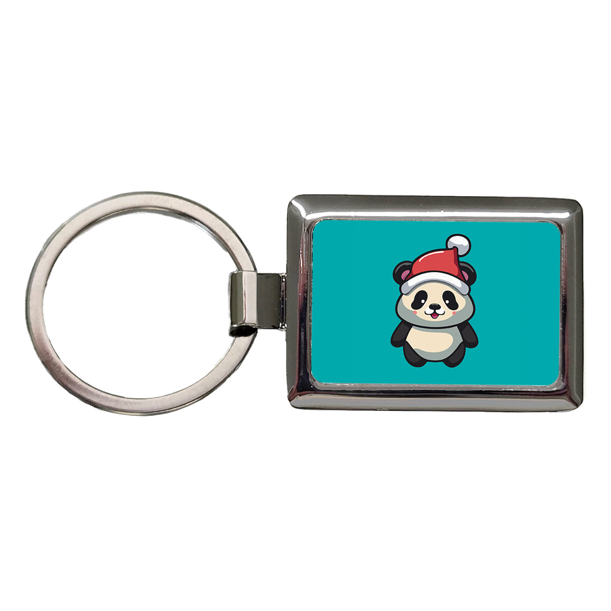 Panda Wearing Santa Hat Christmas Rectangle Metal Keychain