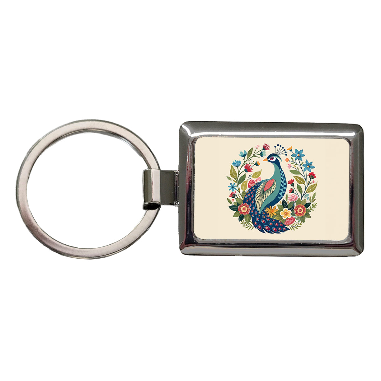 Peacock Floral Flowers Rectangle Metal Keychain