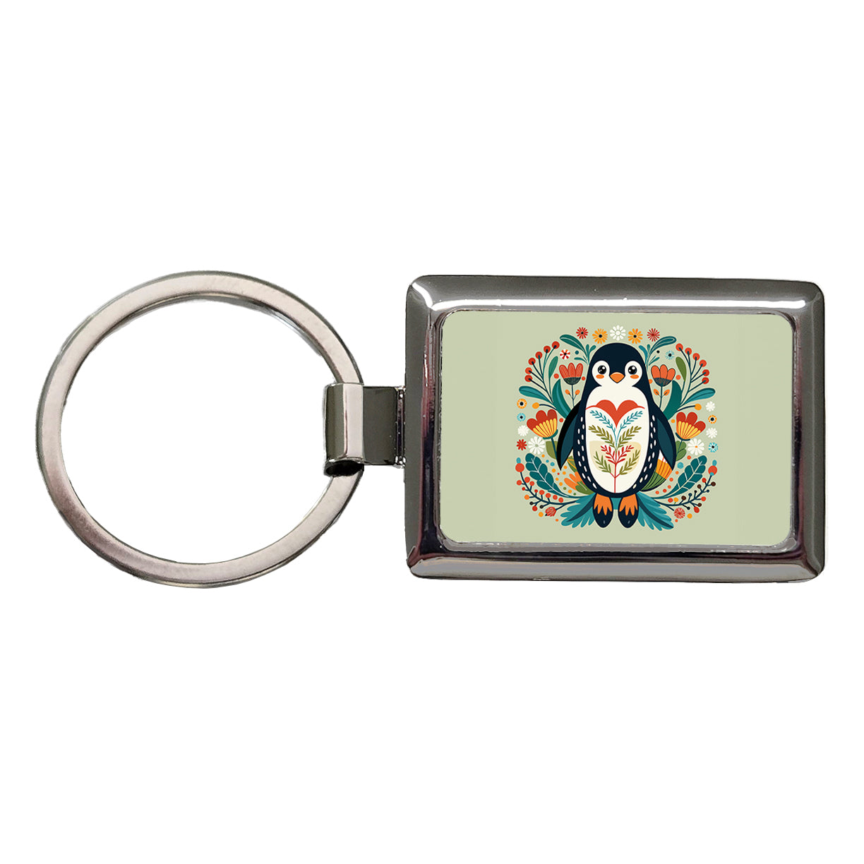 Penguin Floral Flowers Rectangle Metal Keychain
