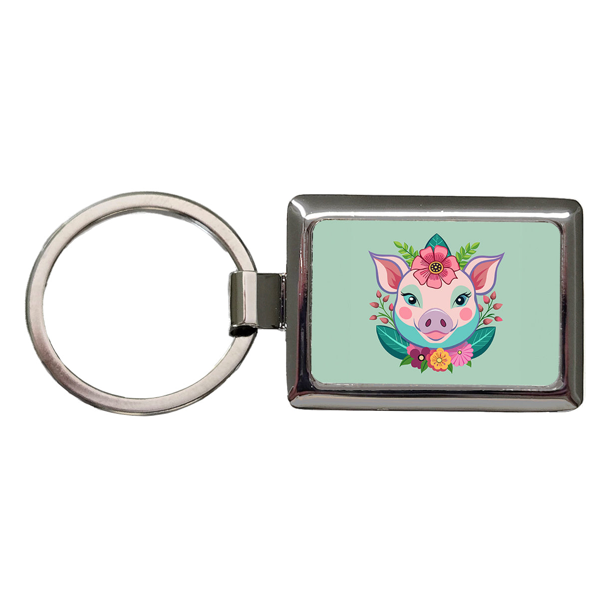 Pig Head Floral Flowers Rectangle Metal Keychain