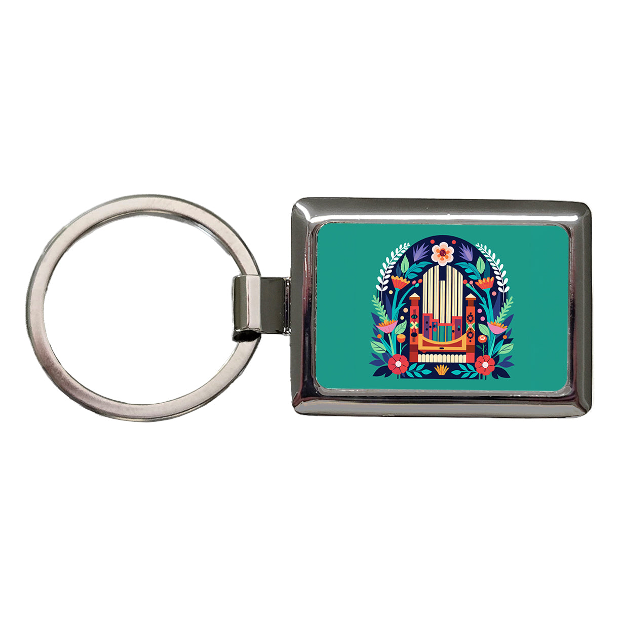 Pipe Organ Music Floral Motif Rectangle Metal Keychain