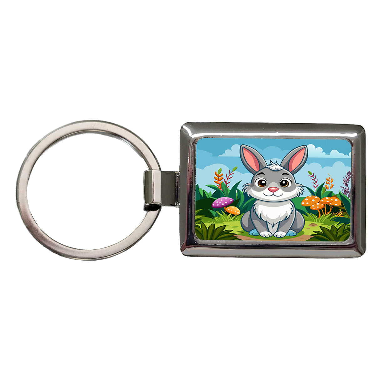 Rabbit Bunny Cute with Toadstools Mushrooms Rectangle Metal Keychain
