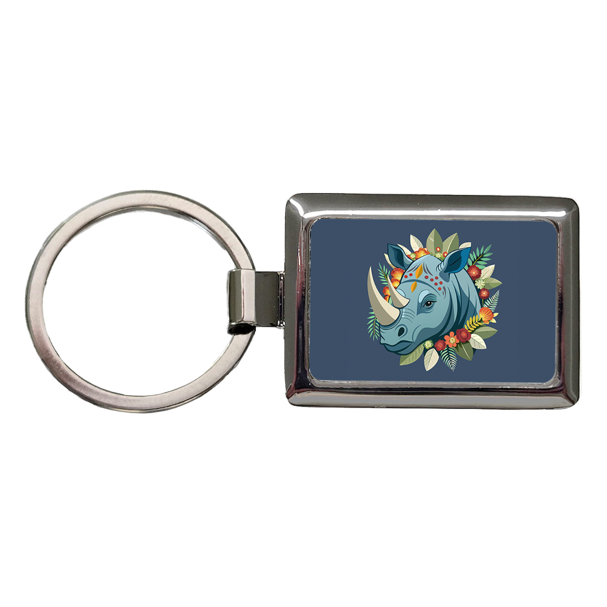 Rhinoceros Head Floral Flowers Rectangle Metal Keychain