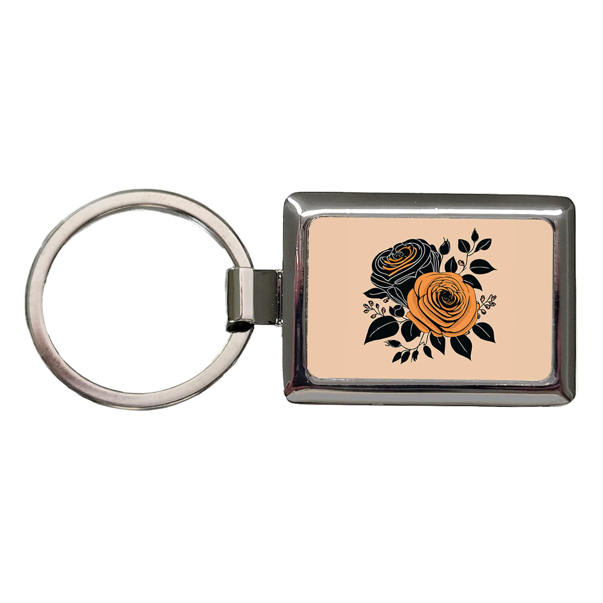 Roses Black Orange Fall Autumn Thanksgiving Halloween Motif Rectangle Metal Keychain