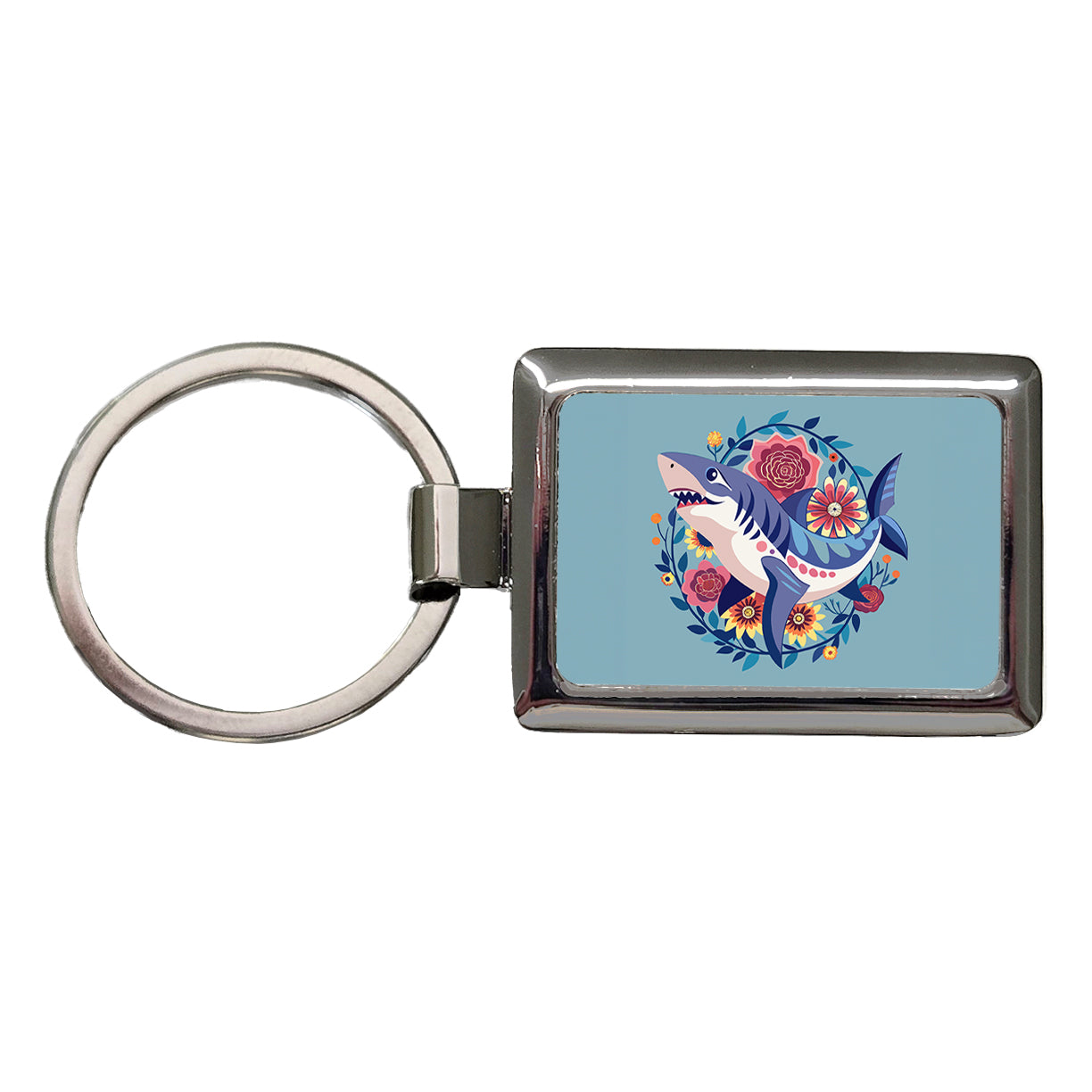 Shark Floral Flowers Rectangle Metal Keychain