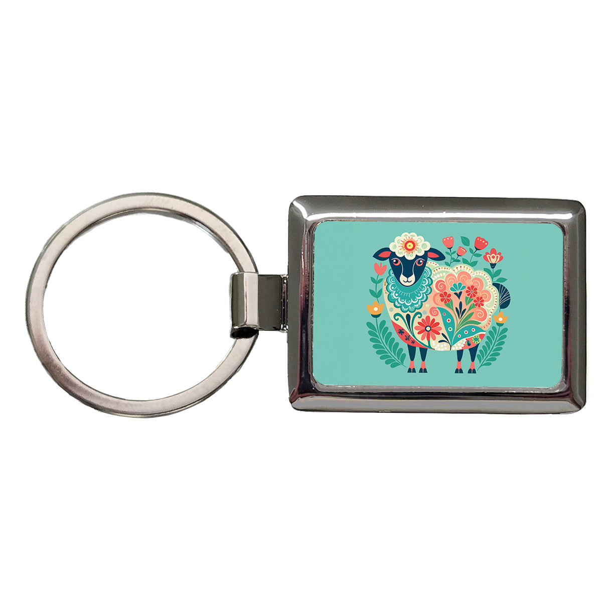 Sheep Floral Flowers Rectangle Metal Keychain