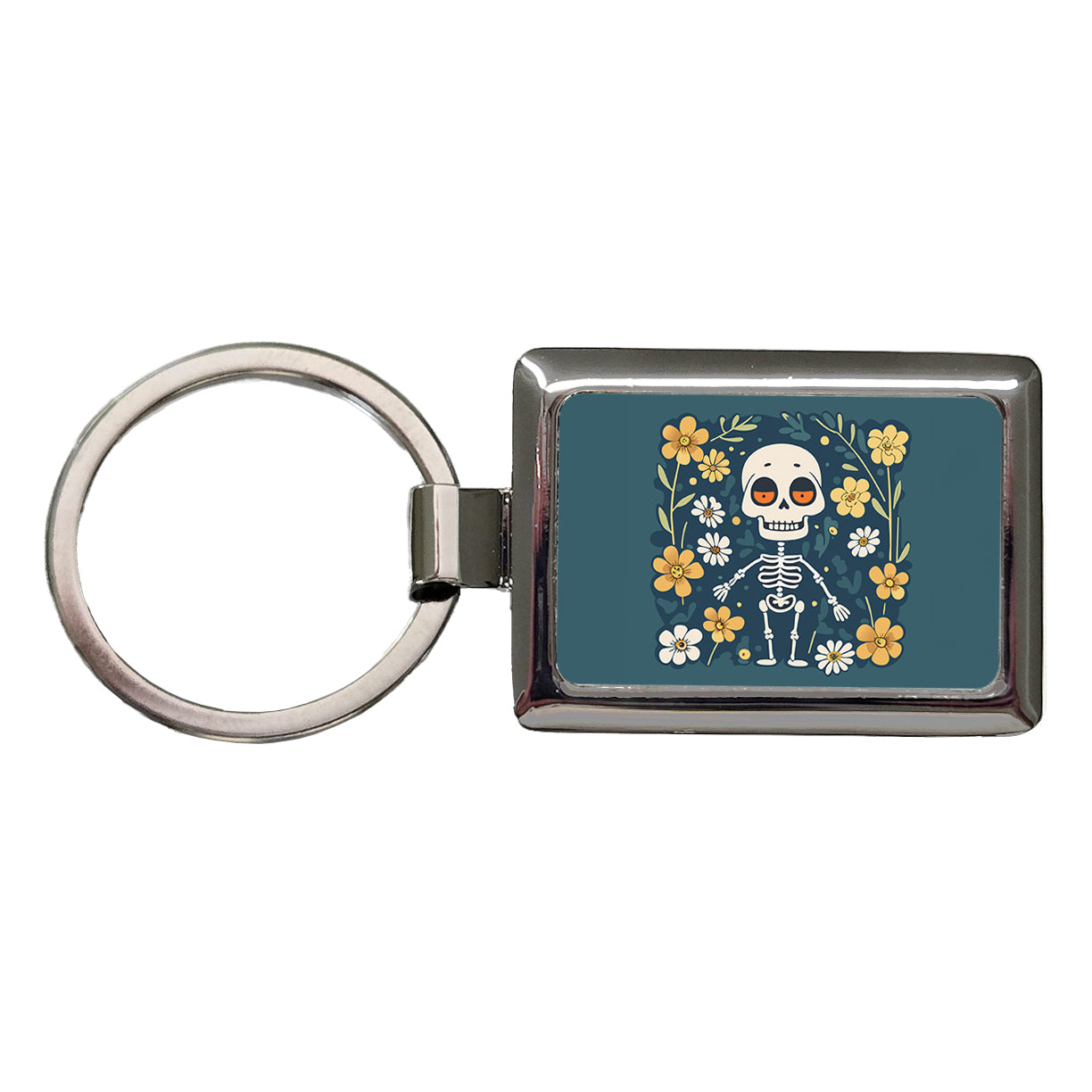 Skeleton and Flowers Funny Halloween Rectangle Metal Keychain
